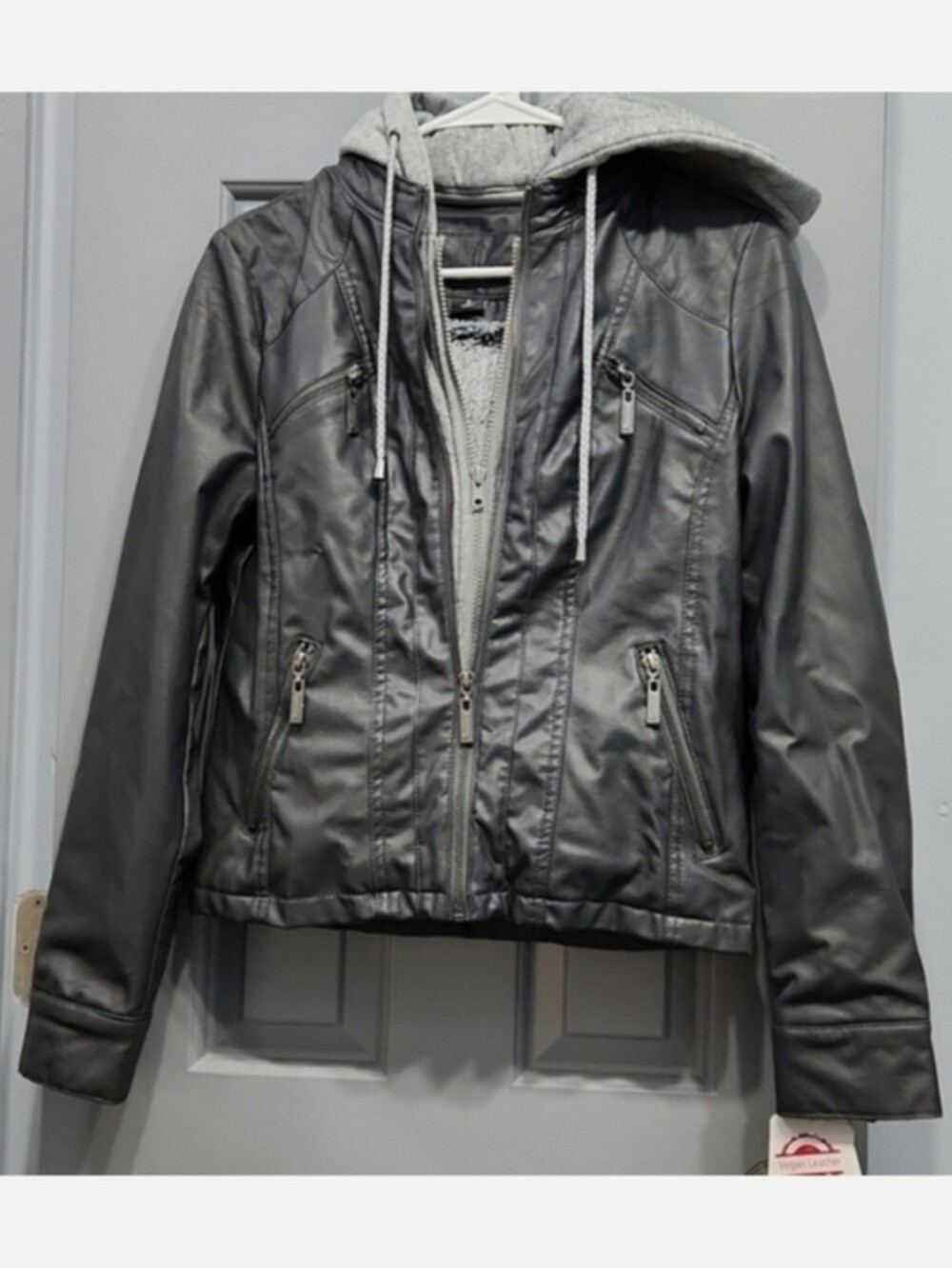 NWT J2 Gray Full Zip Hooded Vegan Faux Leather Jacket small